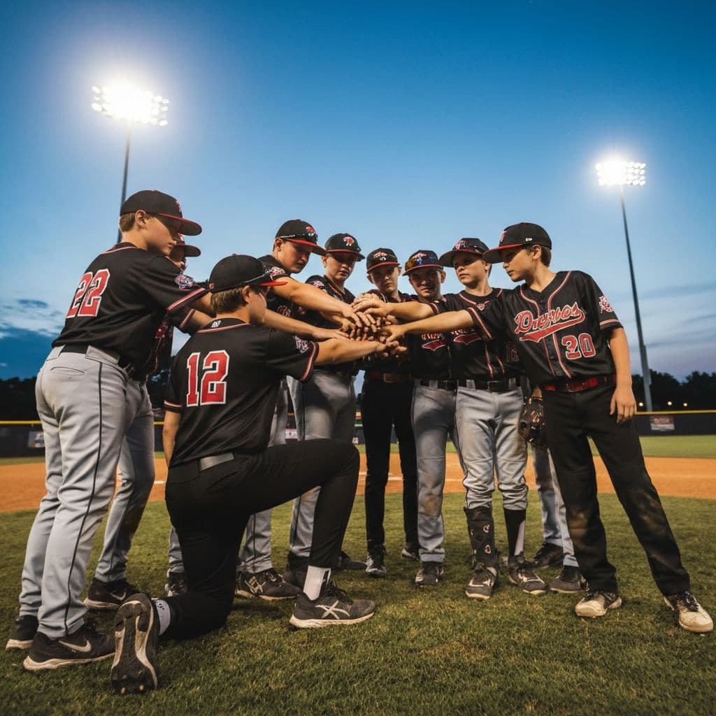 Youth baseball team huddle on the field